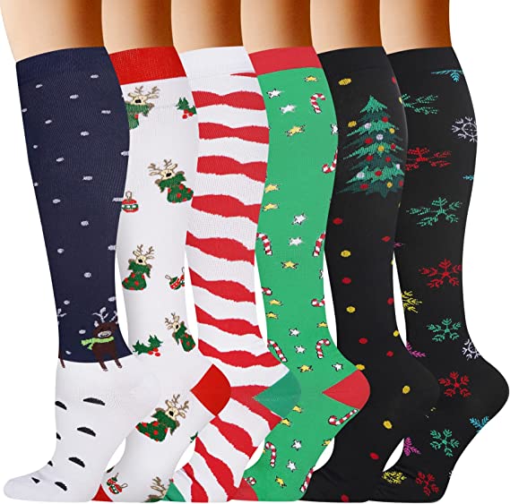 Christmas Socks for Women Men Circulation, Knee High Compression Socks 15-20mmHg for Nurse, Running Athletic