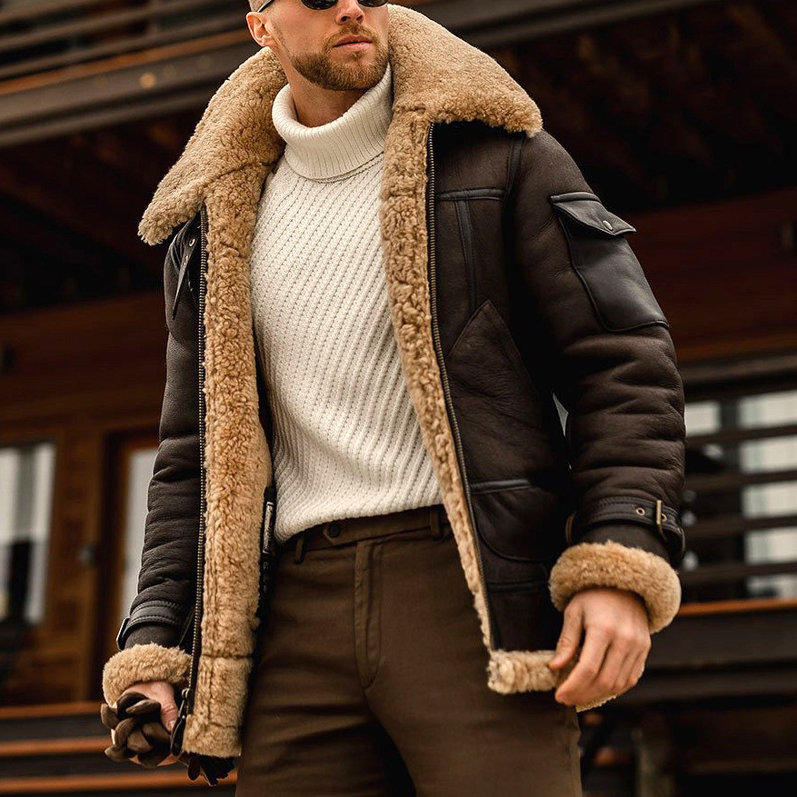 Men's Coat Casual Solid Turndown Winter Thicken Zipper Patchwork Jacket