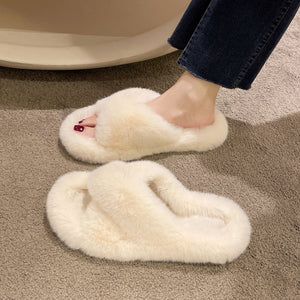 Ladies Plush Slippers Outer Wear Faux Fur Sandals Winter Home Slip On