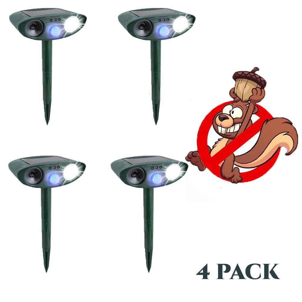 Ultrasonic Squirrel Repeller - PACK of 4 - Solar Powered - Get Rid of Squirrels in 48 Hours