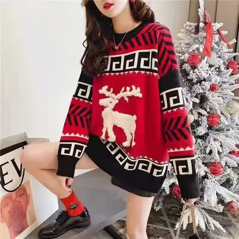 Christmas Tree Reindeer Print Sweater For Parties