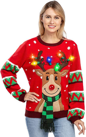 Cute Elk Print Knit Atmosphere LED lights Ugly Christmas Sweater