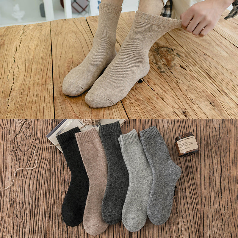 5 pairs men's and women's mid-tube thickened and velvet solid color wool socks