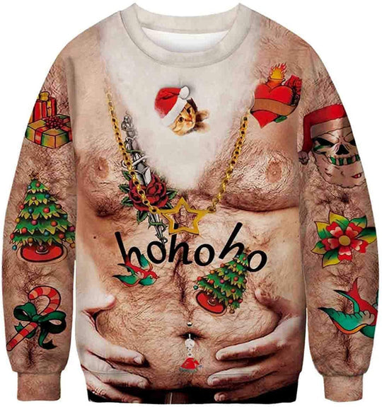 2022 Mens Bare Chest Tattoos  Topless Ugly Christmas Sweater, All Over Print Sweatshirt