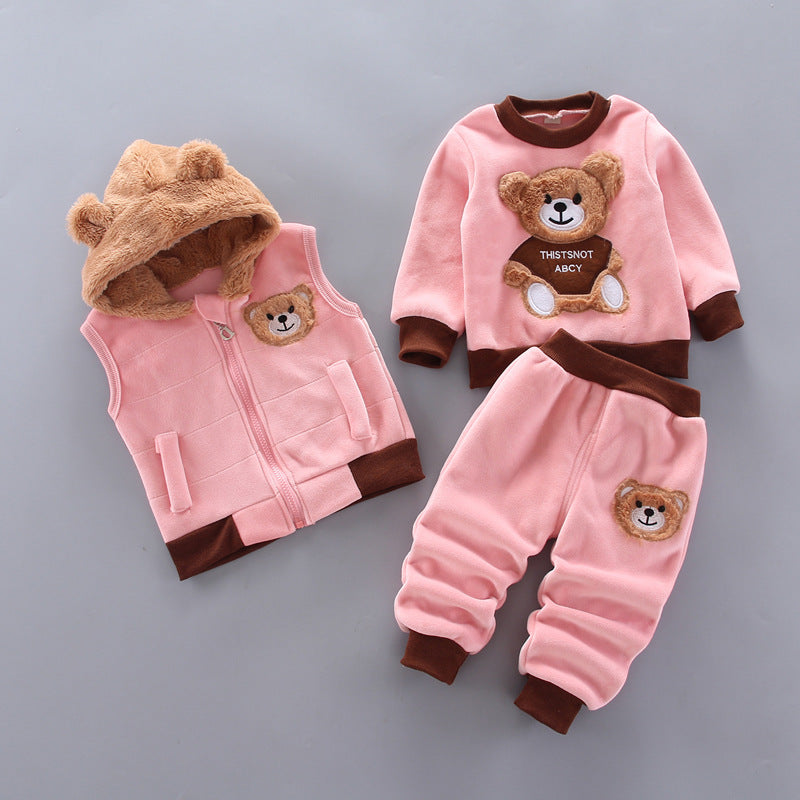 2024 New Children's Clothing Boys Girls Fleece Bear Three-piece Suit