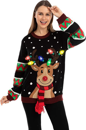 Cute Elk Print Knit Atmosphere LED lights Ugly Christmas Sweater