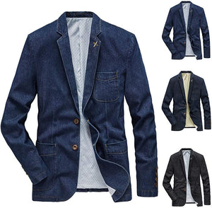 Men Slim Jacket Button Suit Plaid Turn-Down Collor Tops Solid  Coat