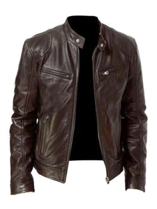 Zipper Mens Casual  Leather Biker Jacket Motorcycle Stand Collar Coat