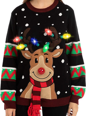 Cute Elk Print Knit Atmosphere LED lights Ugly Christmas Sweater