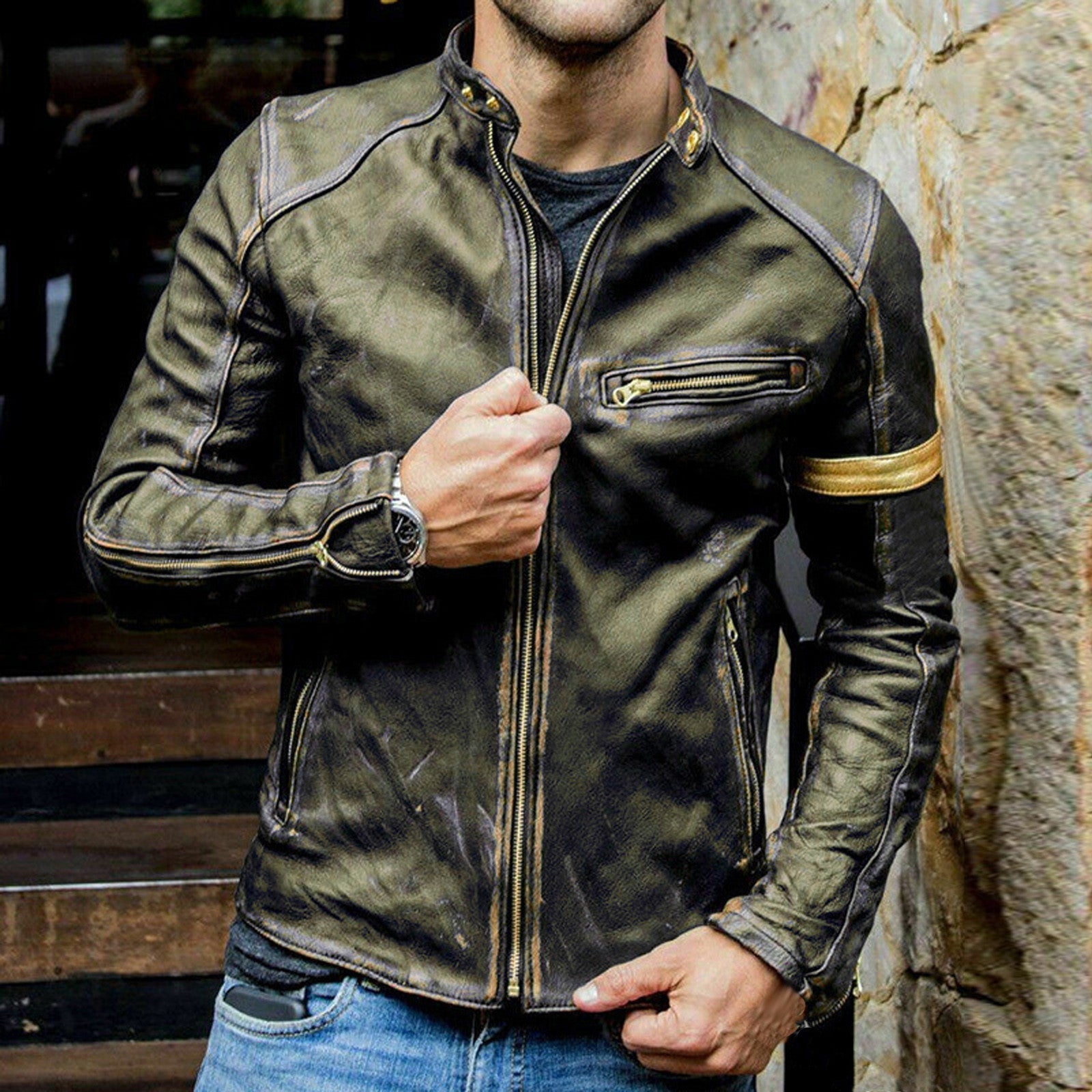 Men's Autumn Fashion Pure Color Stand Collar Imitation Leather Jacket Coat