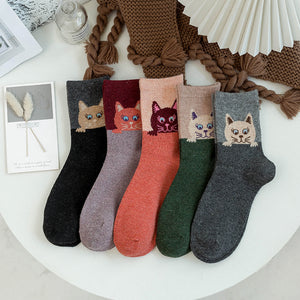 5 Pairs Forest Cat Lightweight Wool Blend Socks