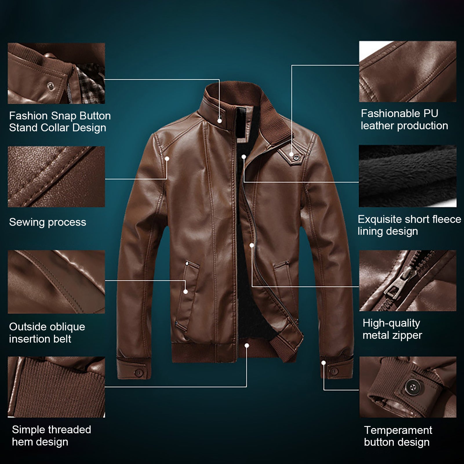 Artificial Leather Solid Color Motorcycle Jacket Zipper Closure Stand Collar Men's Coat