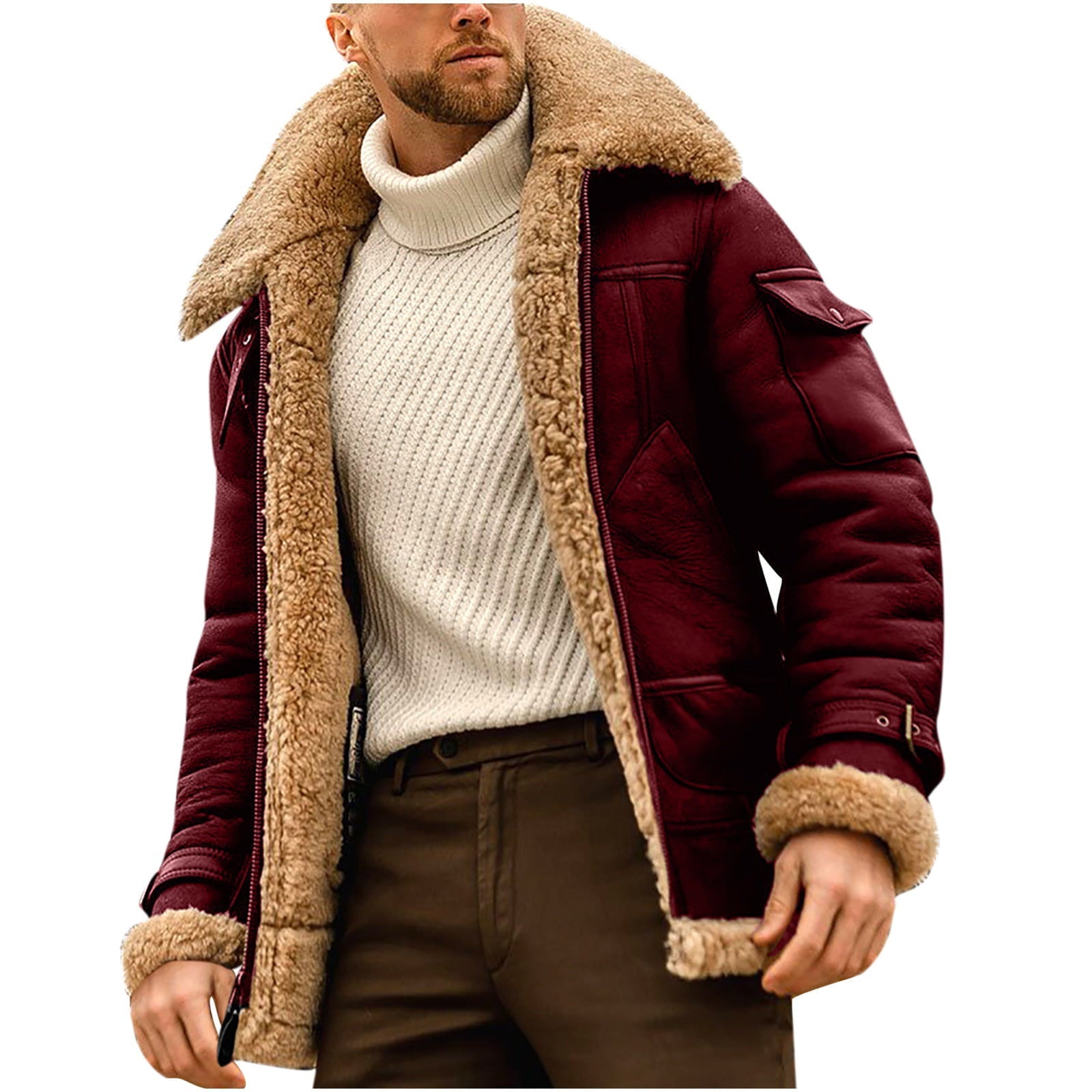 Men's Coat Casual Solid Turndown Winter Thicken Zipper Patchwork Jacket