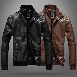 Artificial Leather Solid Color Motorcycle Jacket Zipper Closure Stand Collar Men's Coat