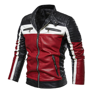 Men's Plus Size Leather Motorcycle Biker Long Sleeve Collar Plush Leather Jacket  Zipper Coat