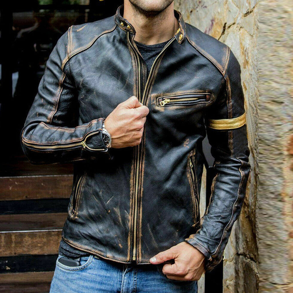 Men's Autumn Fashion Pure Color Stand Collar Imitation Leather Jacket Coat