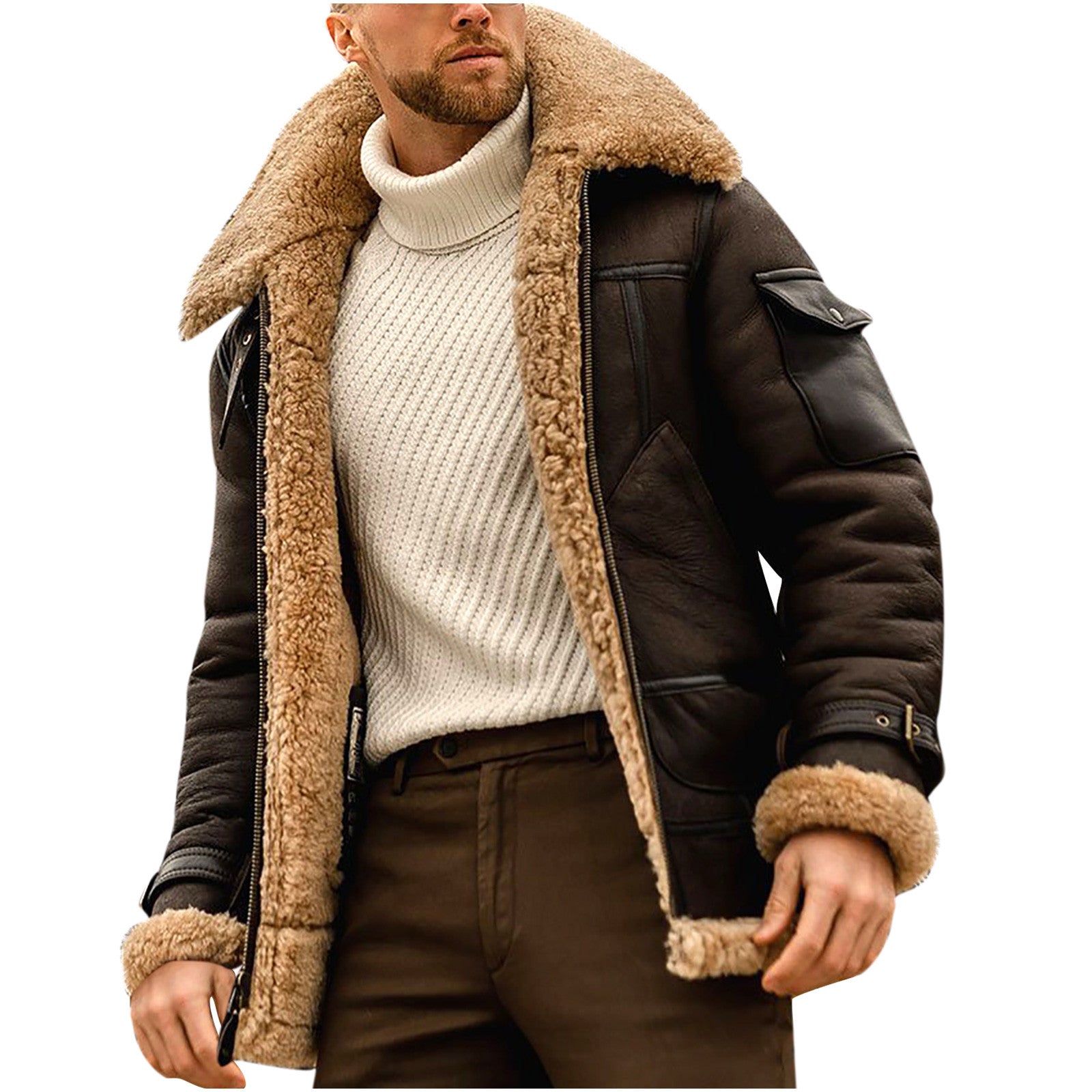 Men's Coat Casual Solid Turndown Winter Thicken Zipper Patchwork Jacket